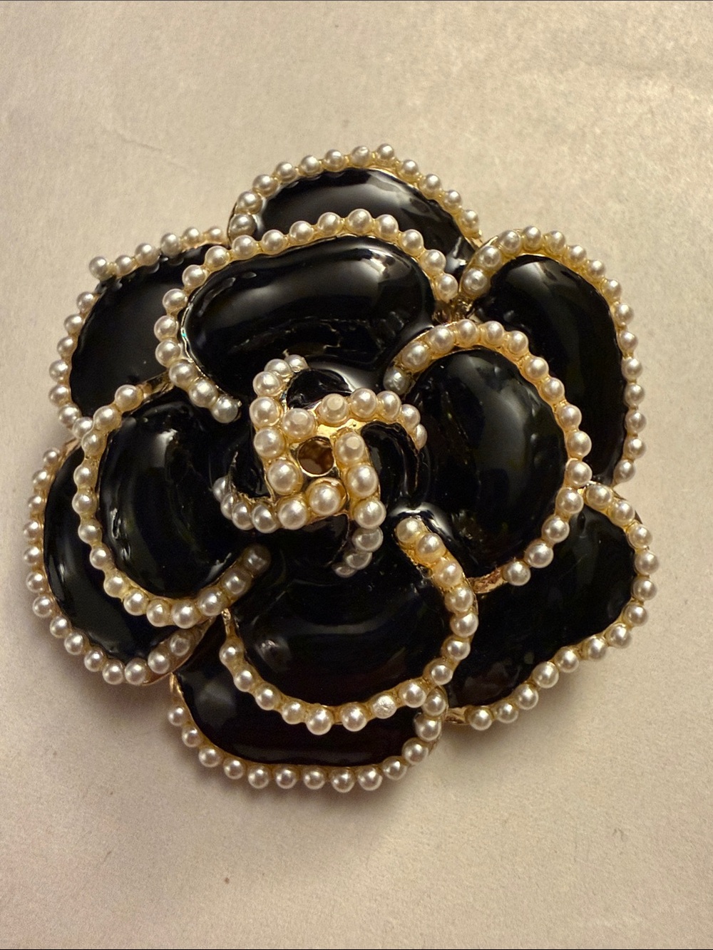 Black Enamel and Pearl Trim Floral Brooch